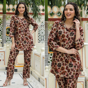 Maroon Floral Foil Printed Chanderi Co Ord Set
