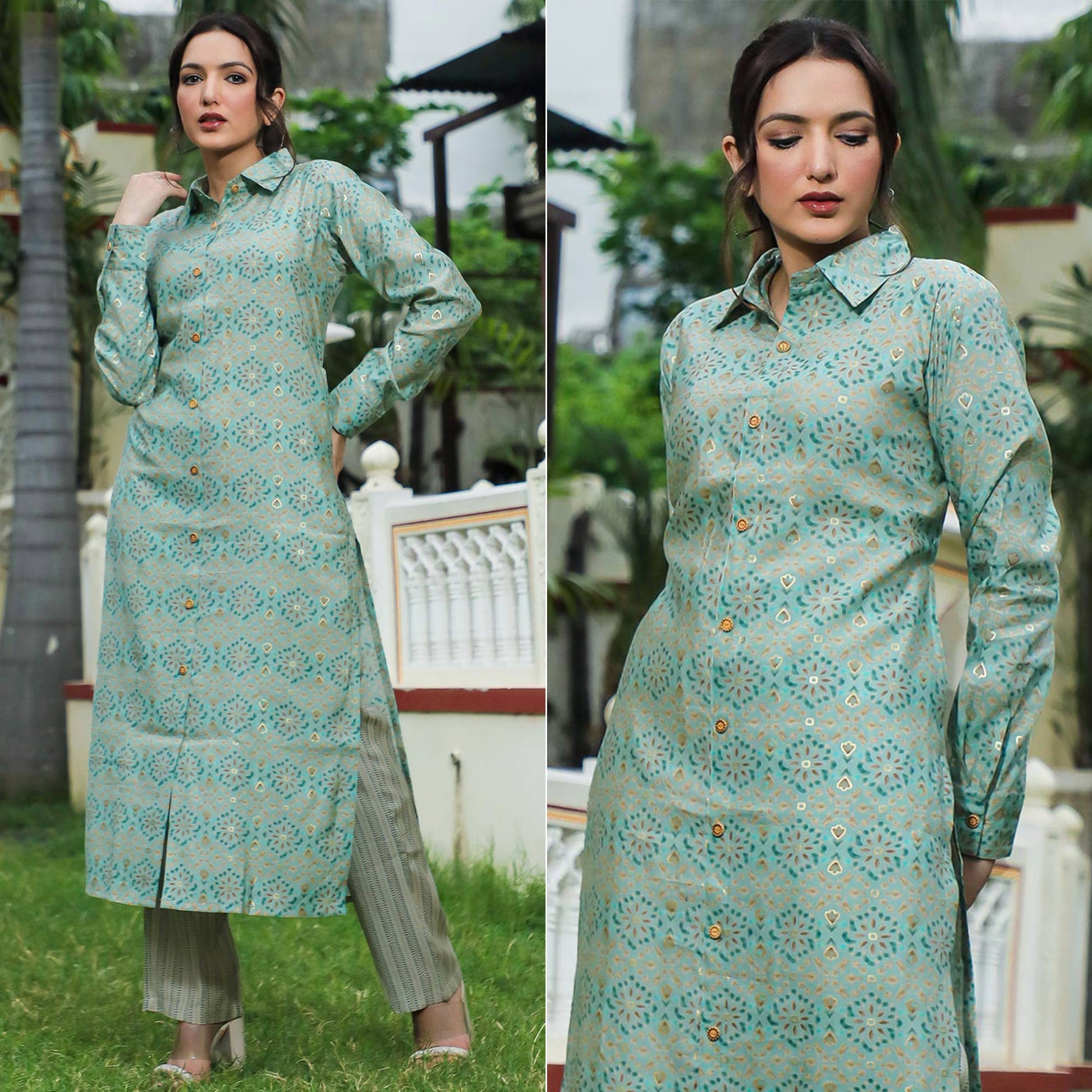 green-foil-printed-chanderi-kurti-pant-set