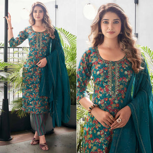 Blue Straight Chanderi Silk Suit With Handcrafted & Foil Print