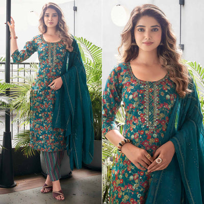 Blue Straight Chanderi Silk Suit With Handcrafted & Foil Print