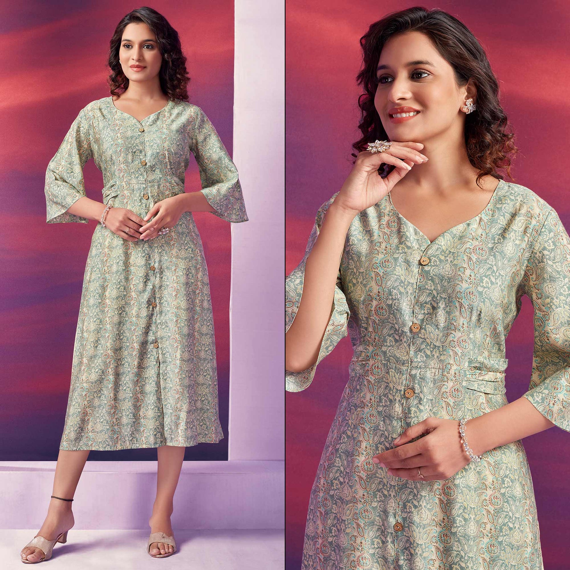 green-floral-foil-printed-chanderi-silk-dress