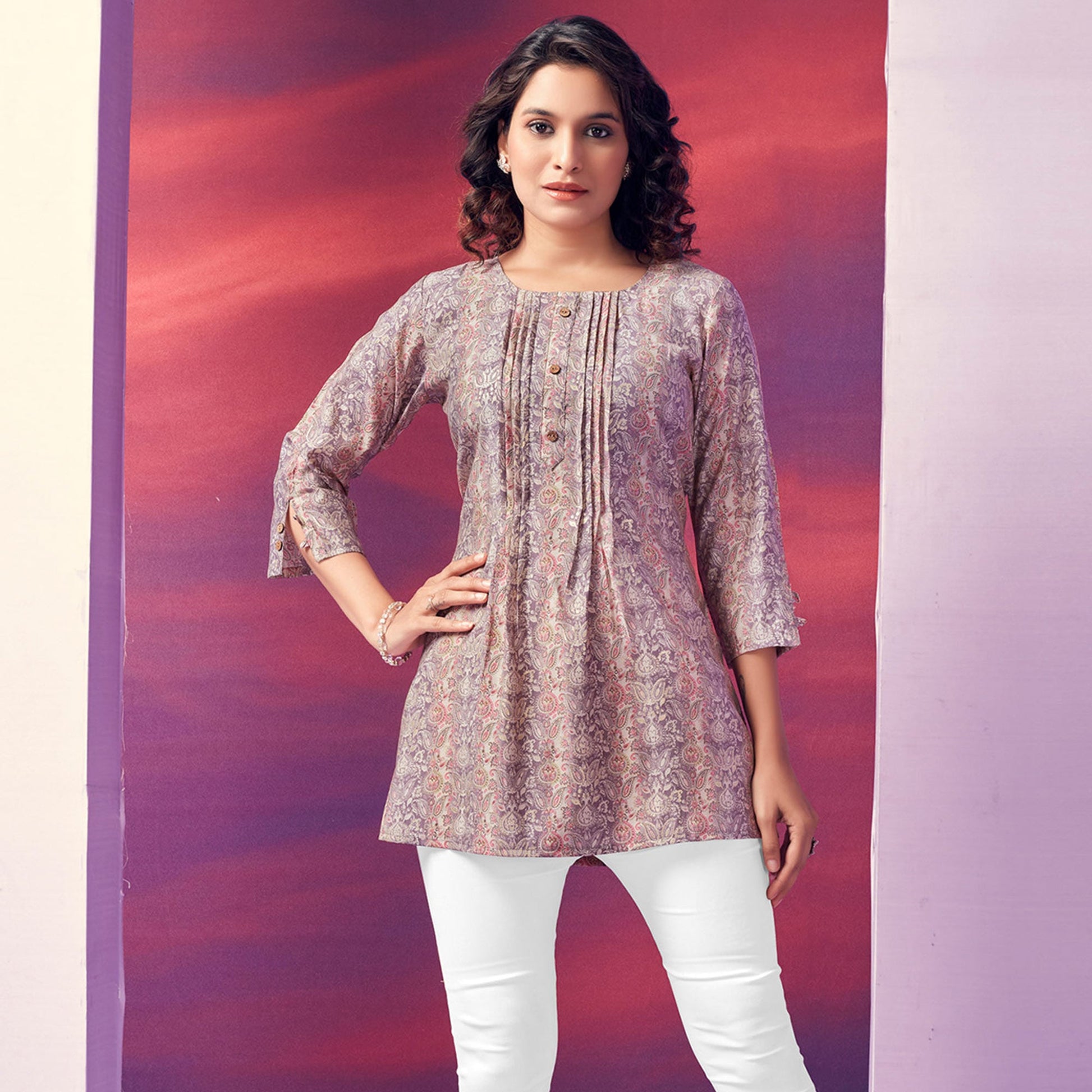 Brown Floral Foil Printed Chanderi Silk Top
