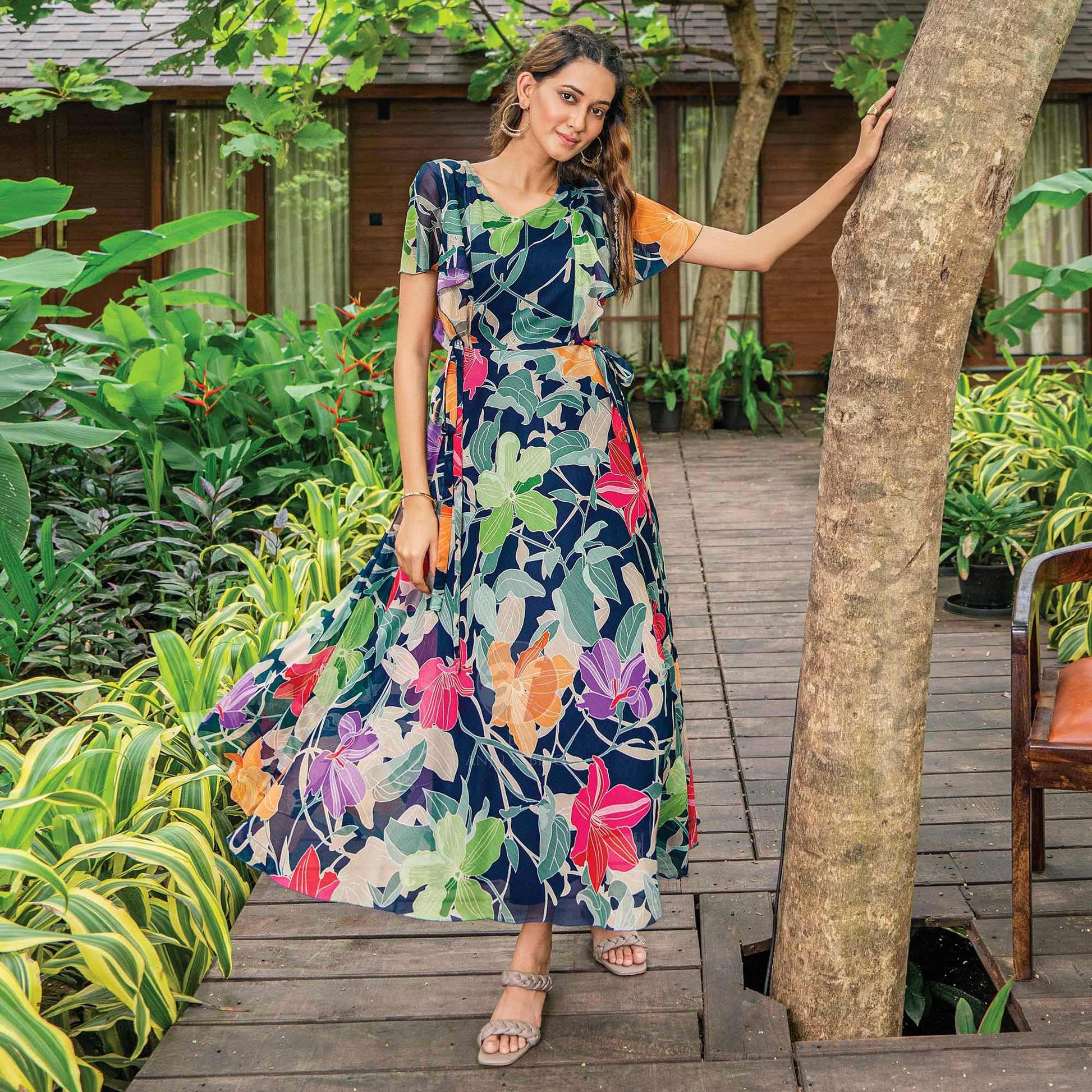 Multicolor Floral Printed A-Line Chiffon Dress