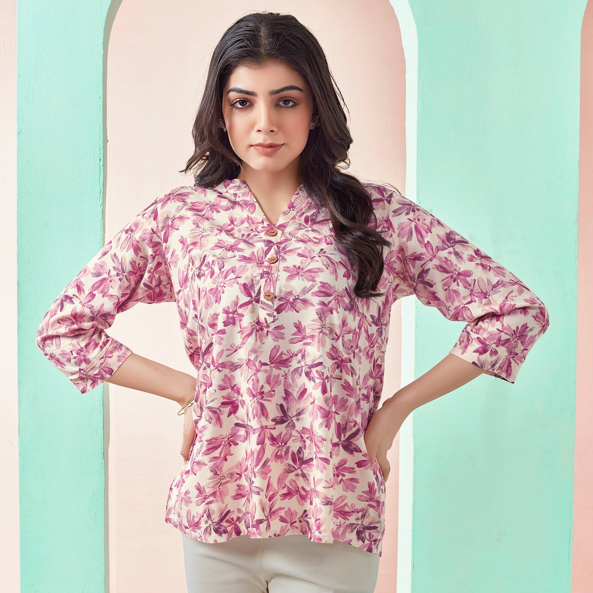 Cream & Pink Floral Foil Printed Rayon Straight Top