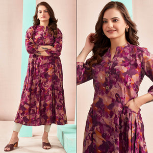 Maroon A-Line Printed Chanderi Silk Dress