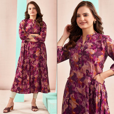Maroon A-Line Printed Chanderi Silk Dress
