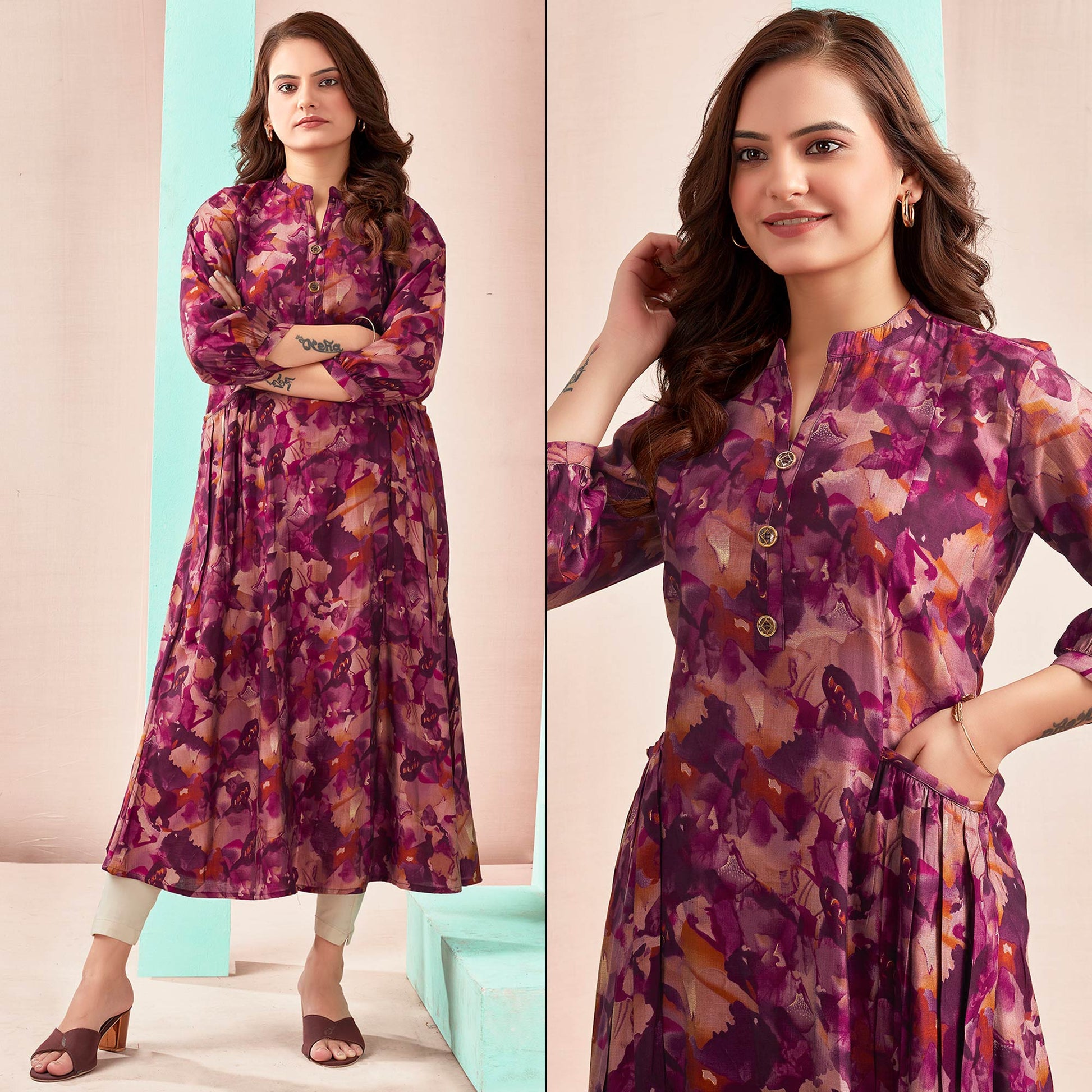 Maroon A-Line Printed Chanderi Silk Dress
