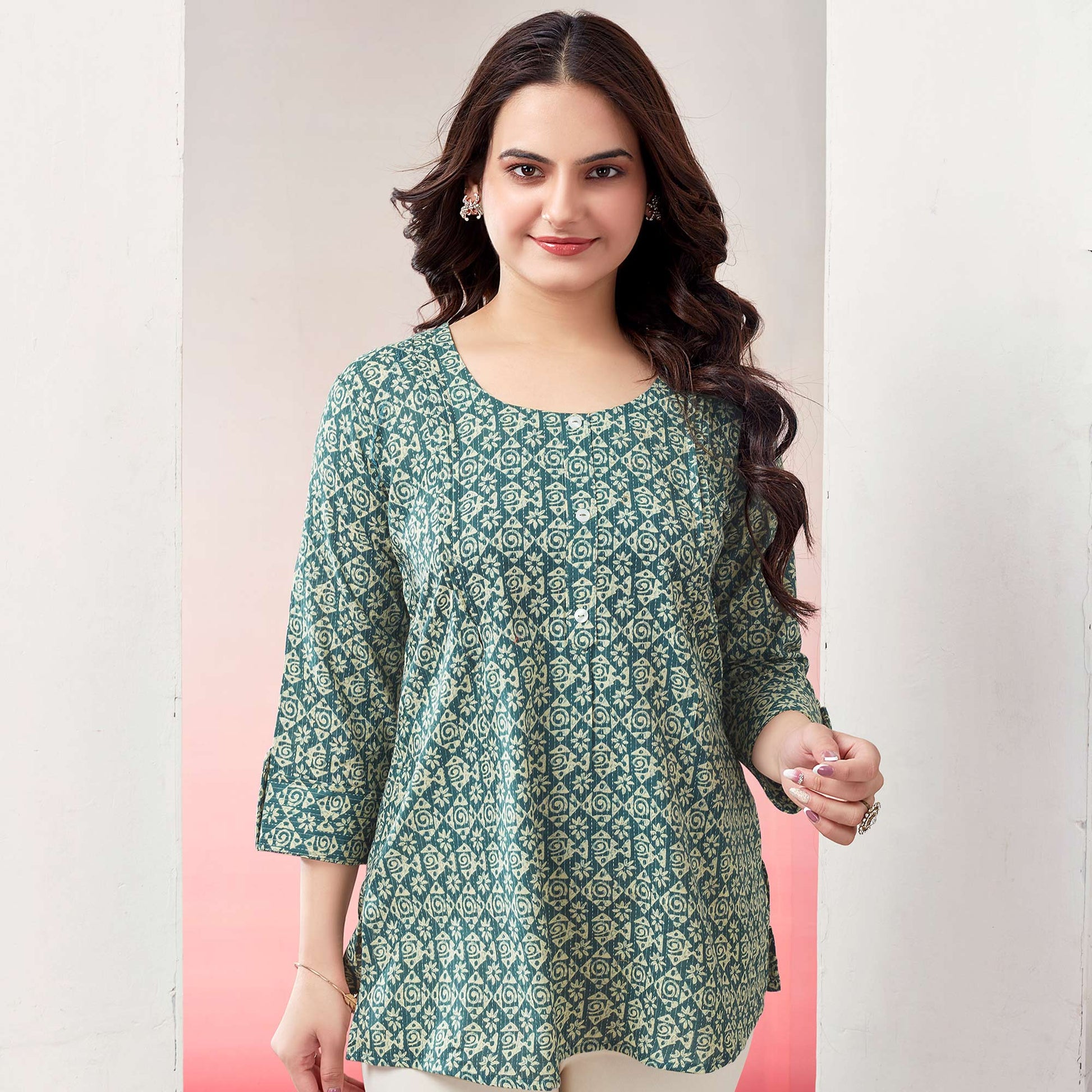green-printed-pure-cotton-straight-top