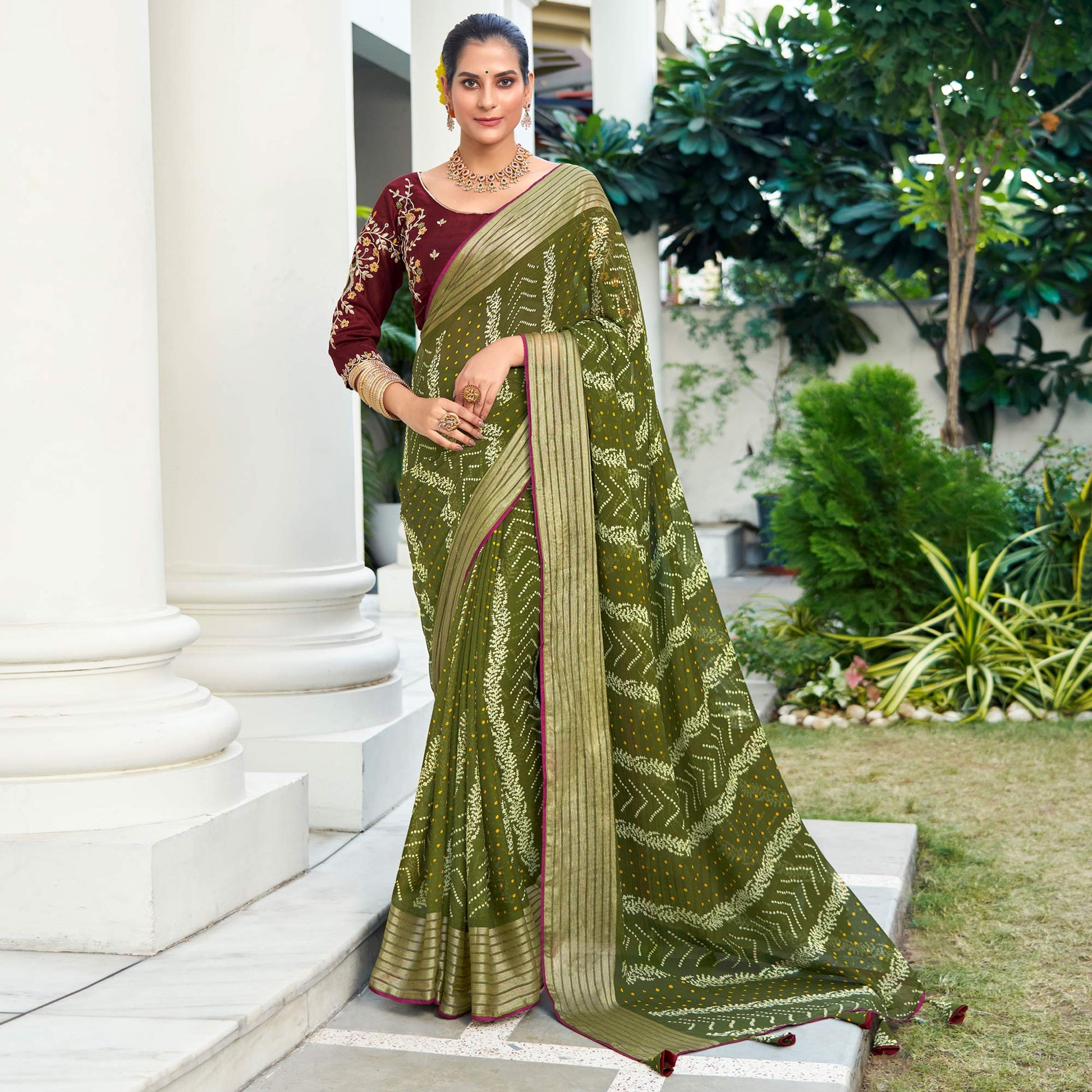 green-bandhani-printed-chiffon-saree-with-tassels