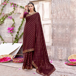 Maroon Floral Foil Printed Vichitra Silk Saree
