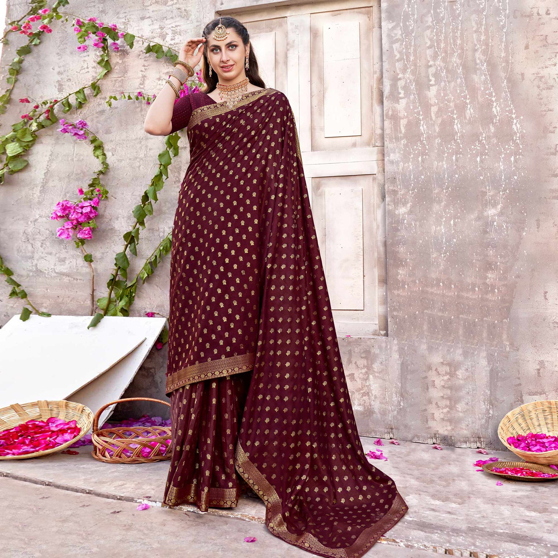 Maroon Floral Foil Printed Vichitra Silk Saree