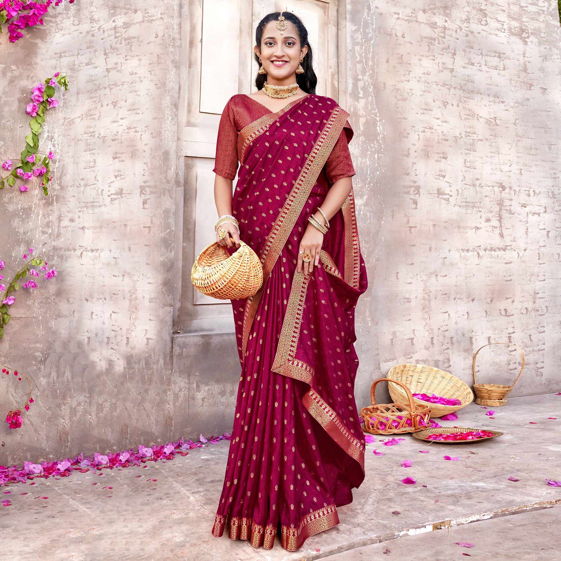 Magenta Floral Foil Printed Vichitra Silk Saree