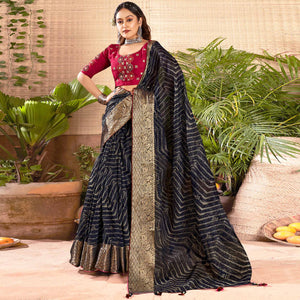 Blue Zari Printed Cotton Silk Saree With Tassels