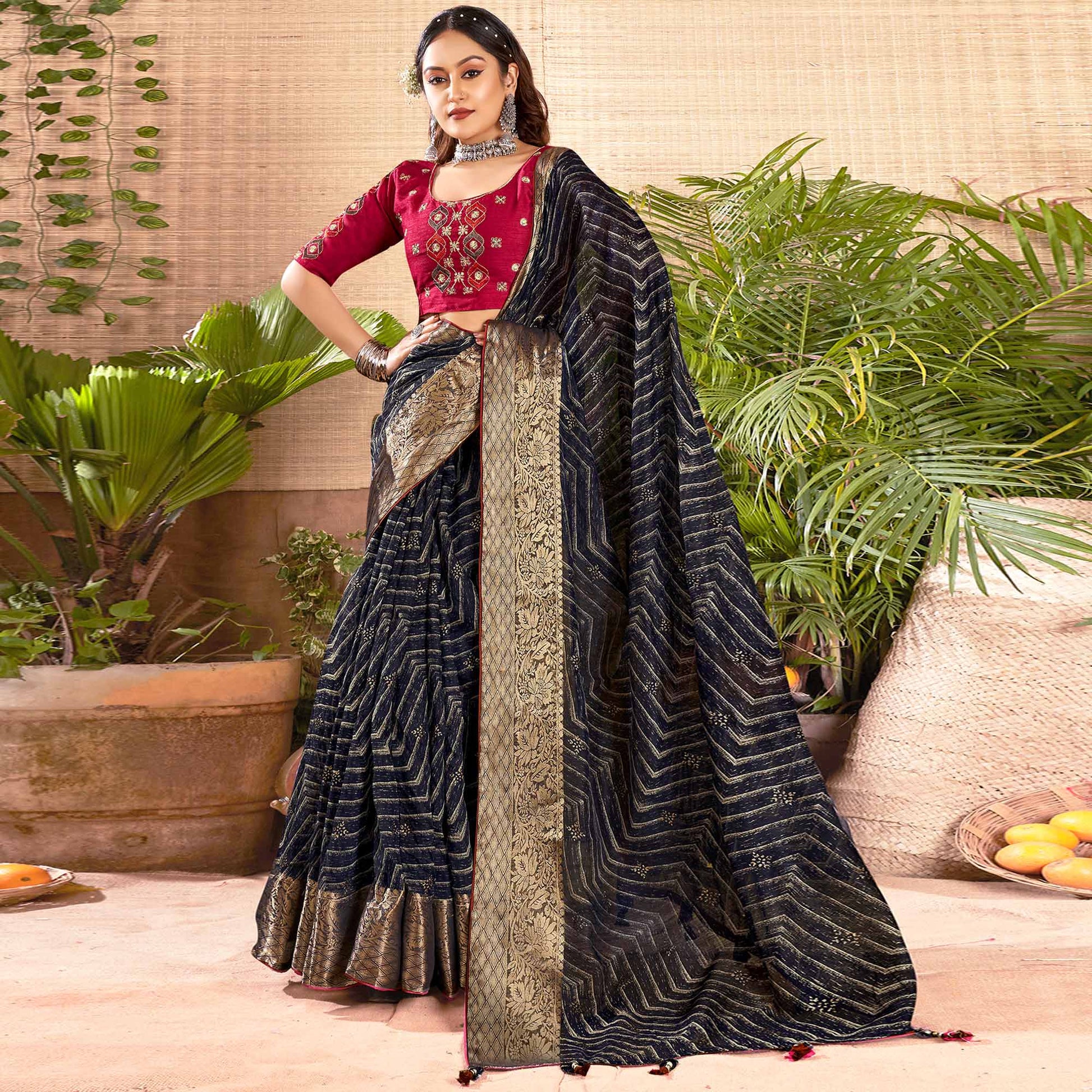 Blue Zari Printed Cotton Silk Saree With Tassels