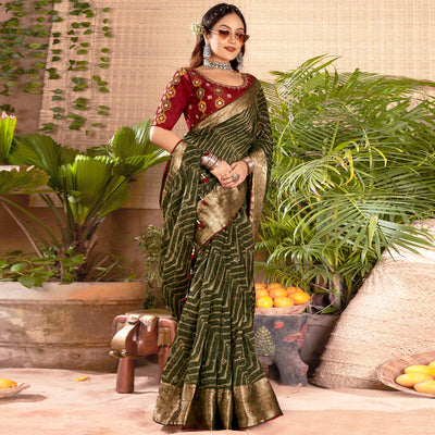 Mehendi Green Zari Printed Cotton Silk Saree With Tassels