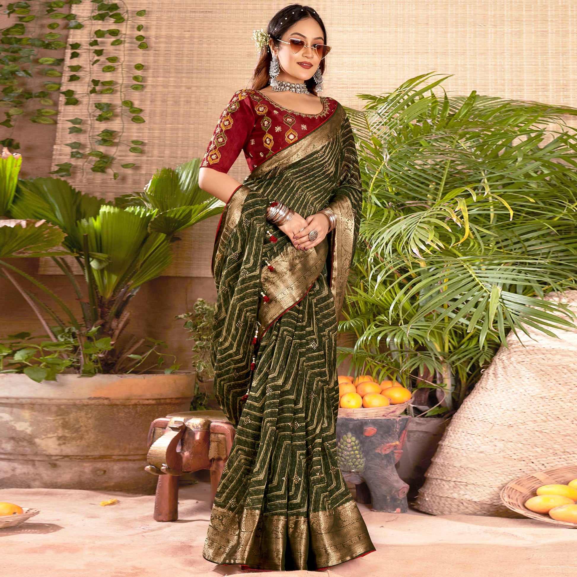 Mehendi Green Zari Printed Cotton Silk Saree With Tassels