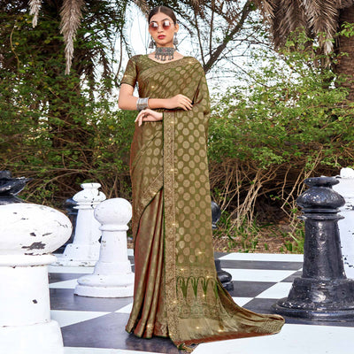 Mehendi Green Woven With Swarovski Work Pure Silk Saree