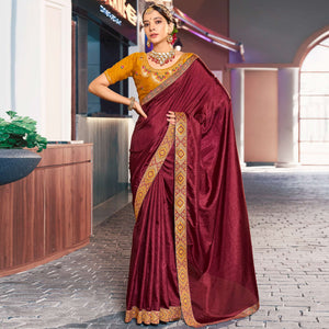Maroon Solid Vichitra Silk With Zari Lace Border