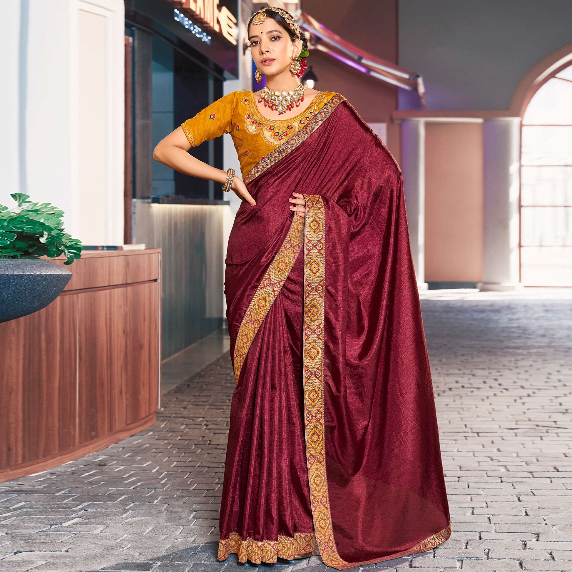 Maroon Solid Vichitra Silk With Zari Lace Border