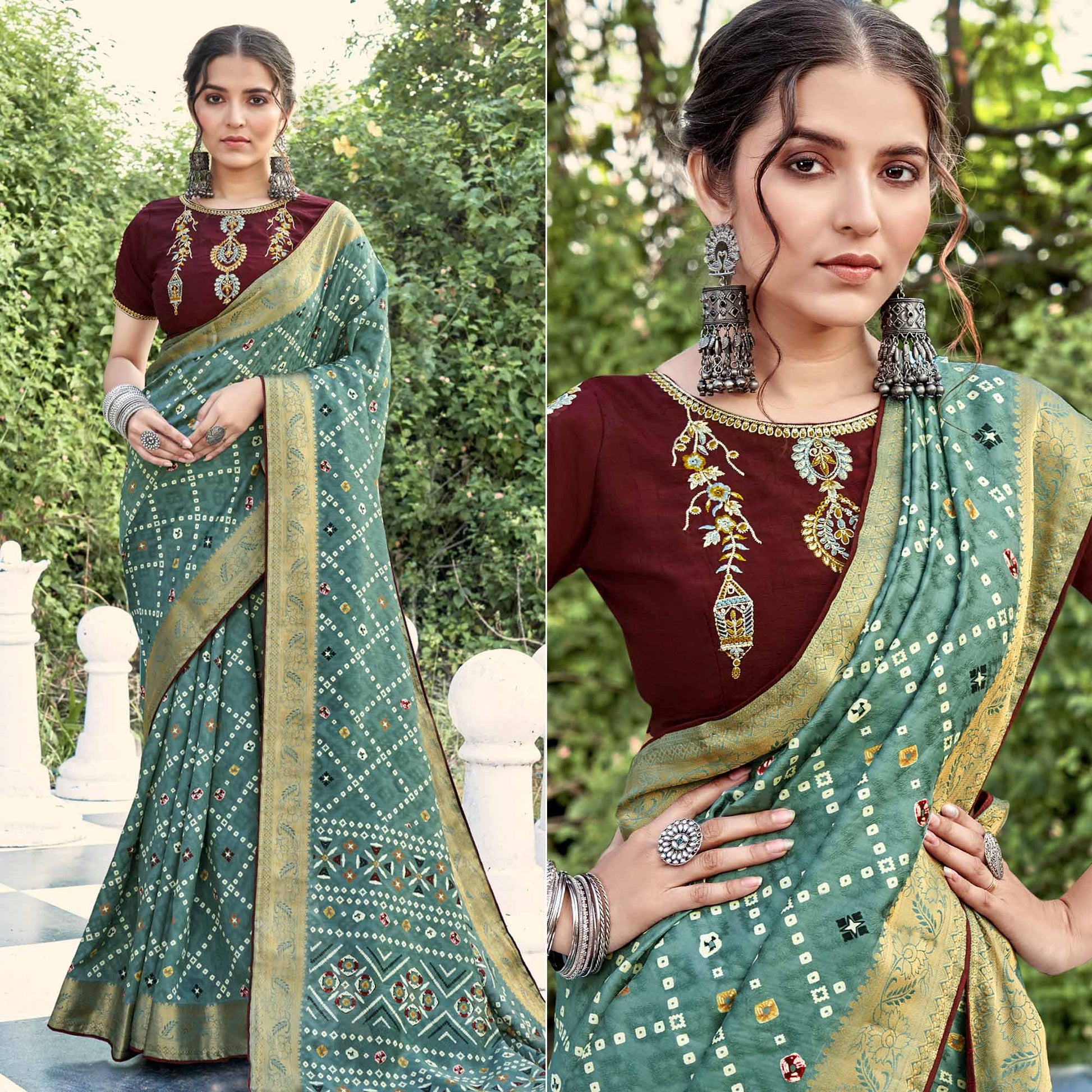 green-bandhani-printed-dola-silk-saree