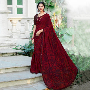 Maroon Geometric Printed Georgette Saree With Lace Border