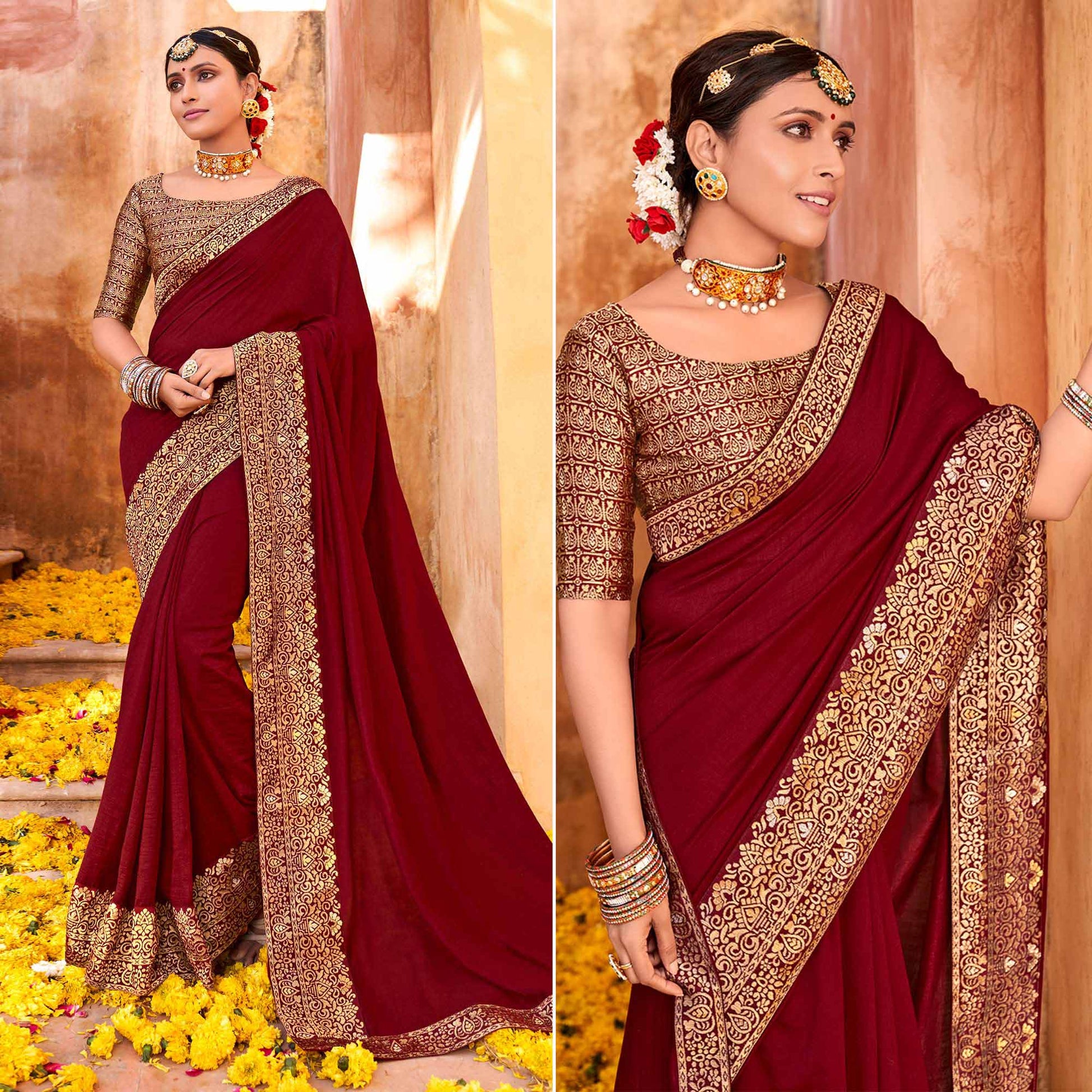 Maroon Solid With Jacquard Border Vichitra Silk Saree