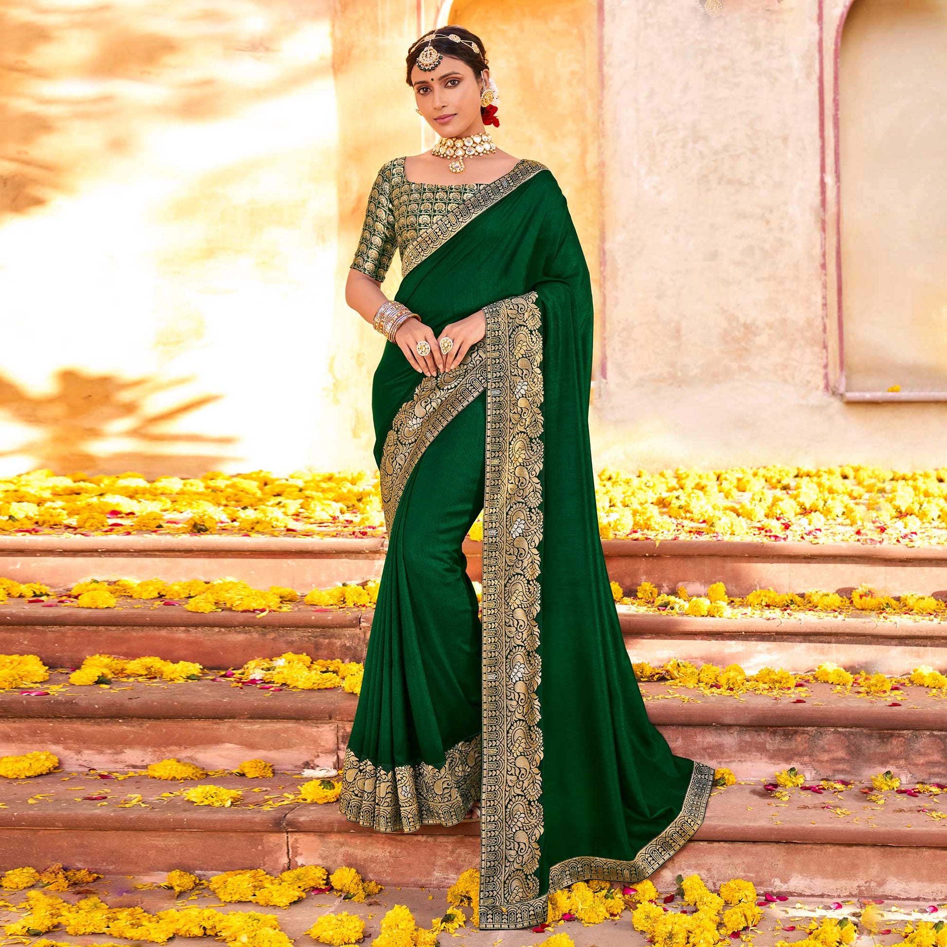 green-solid-with-jaquard-border-vichitra-silk-saree