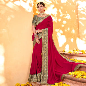 Magenta Solid With Jacquard Border Vichitra Silk Saree