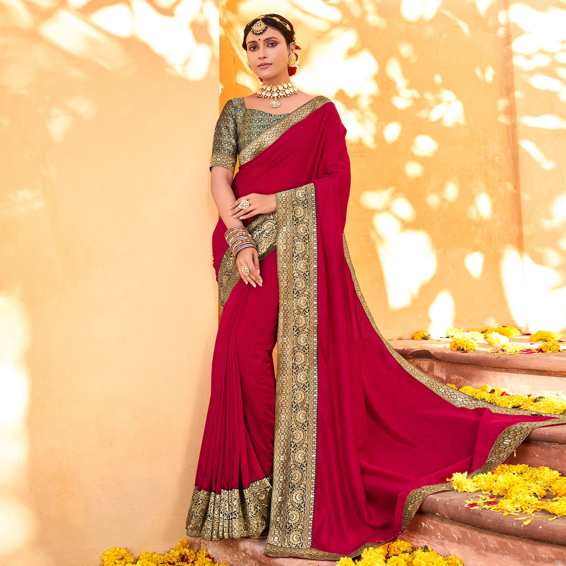 Magenta Solid With Jacquard Border Vichitra Silk Saree
