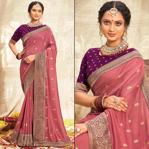 Cherry Pink Floral Zari Weaving Vichitra Silk Saree