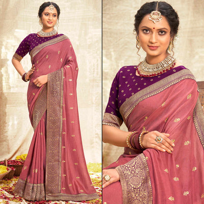 Cherry Pink Floral Zari Weaving Vichitra Silk Saree