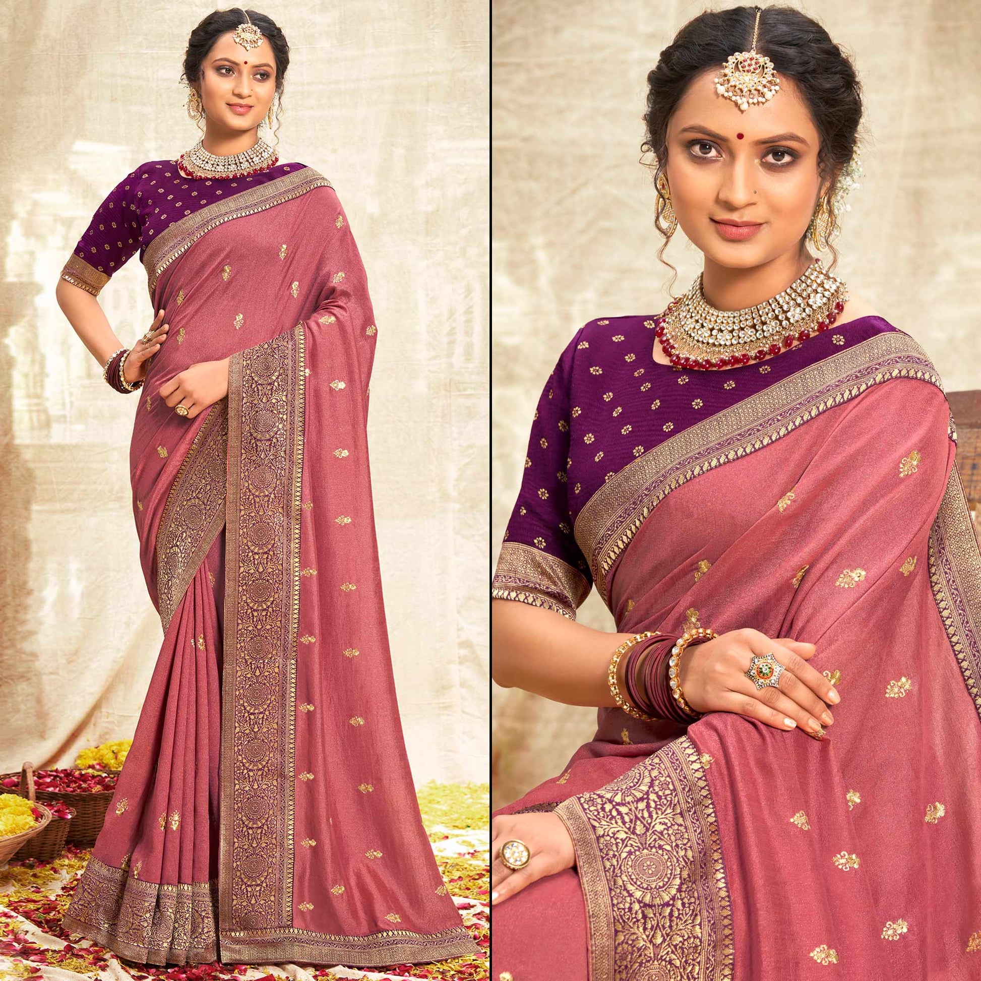 Cherry Pink Floral Zari Weaving Vichitra Silk Saree