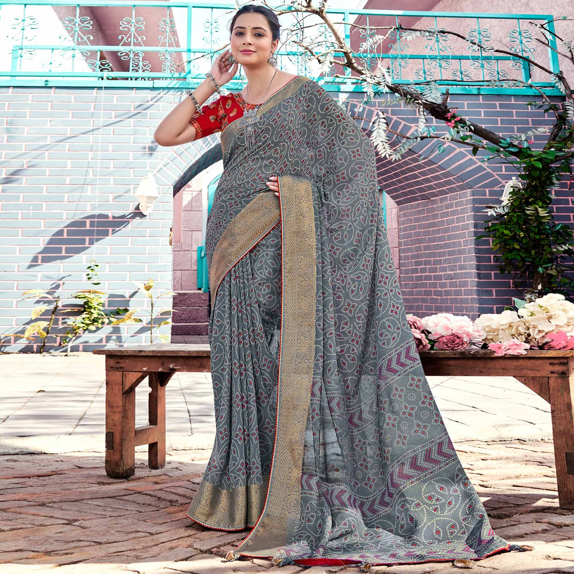 grey-bandhani-printed-georgette-saree