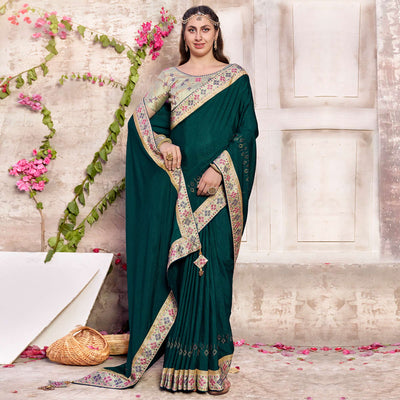 Morpich Green Embroidered Chinon Saree With Swarovski Work