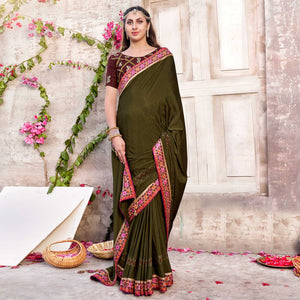 Mehandi Green Embroidered Chinon Saree With Swarovski Work