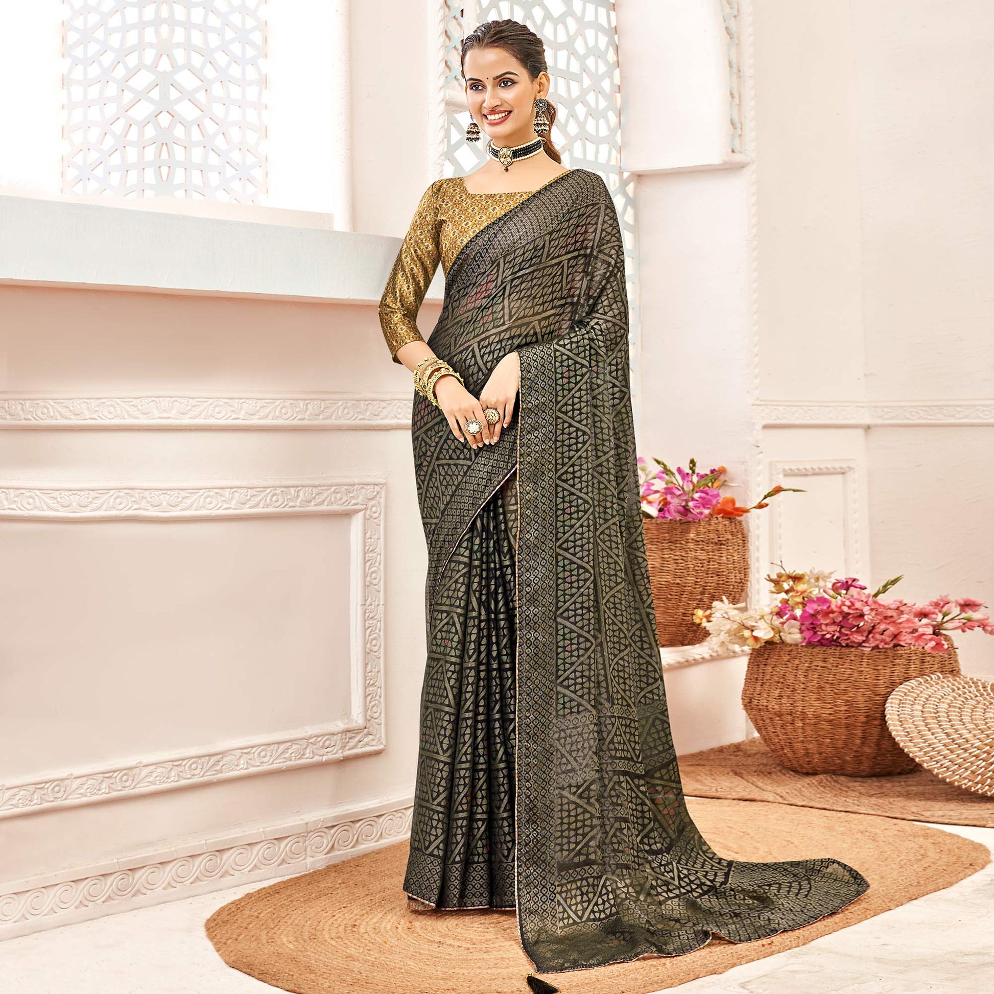 Mehendi Green Geometric Printed Chiffon Brasso Saree