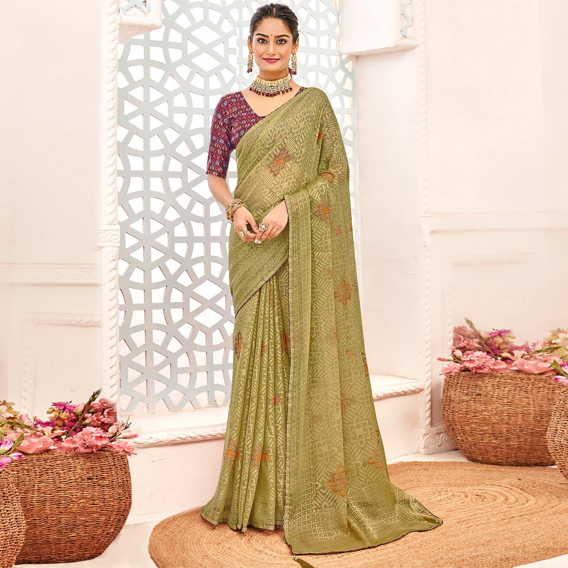 green-geometric-printed-chiffon-brasso-saree