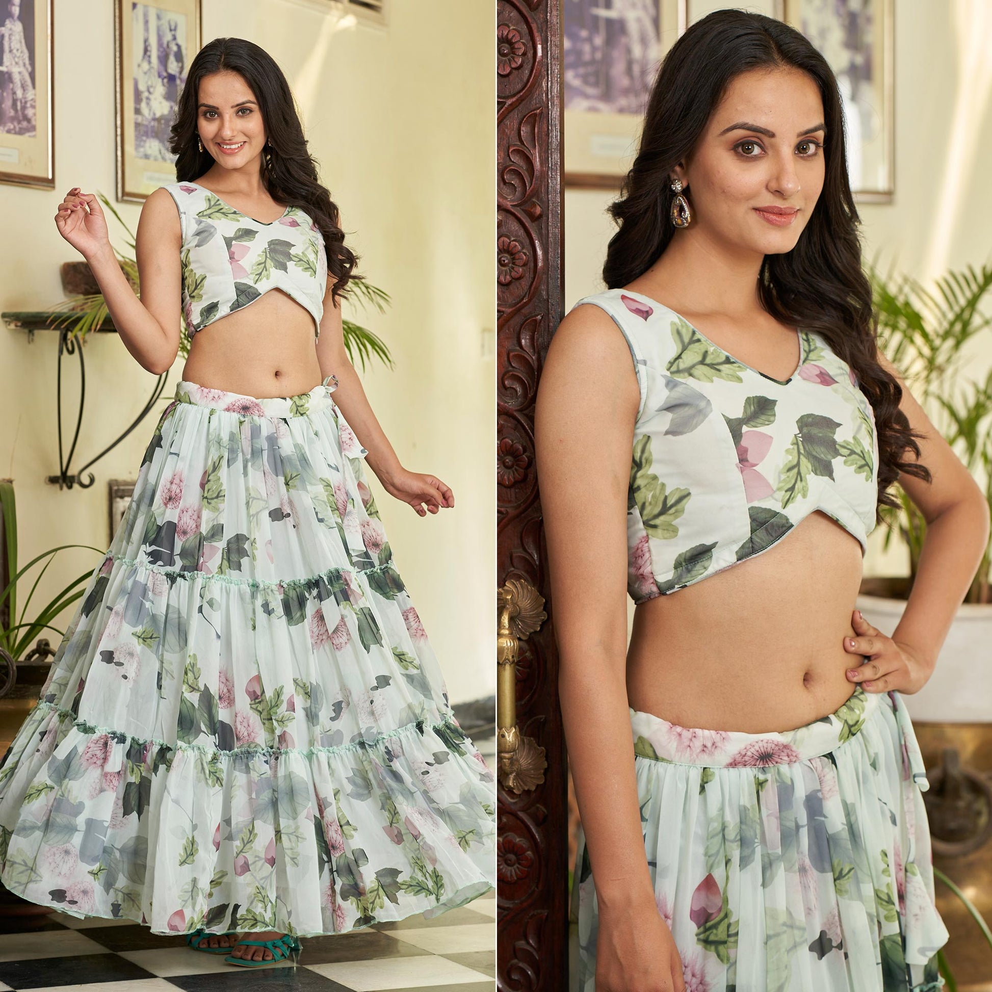 green-white-floral-printed-georgette-crop-top-lehenga