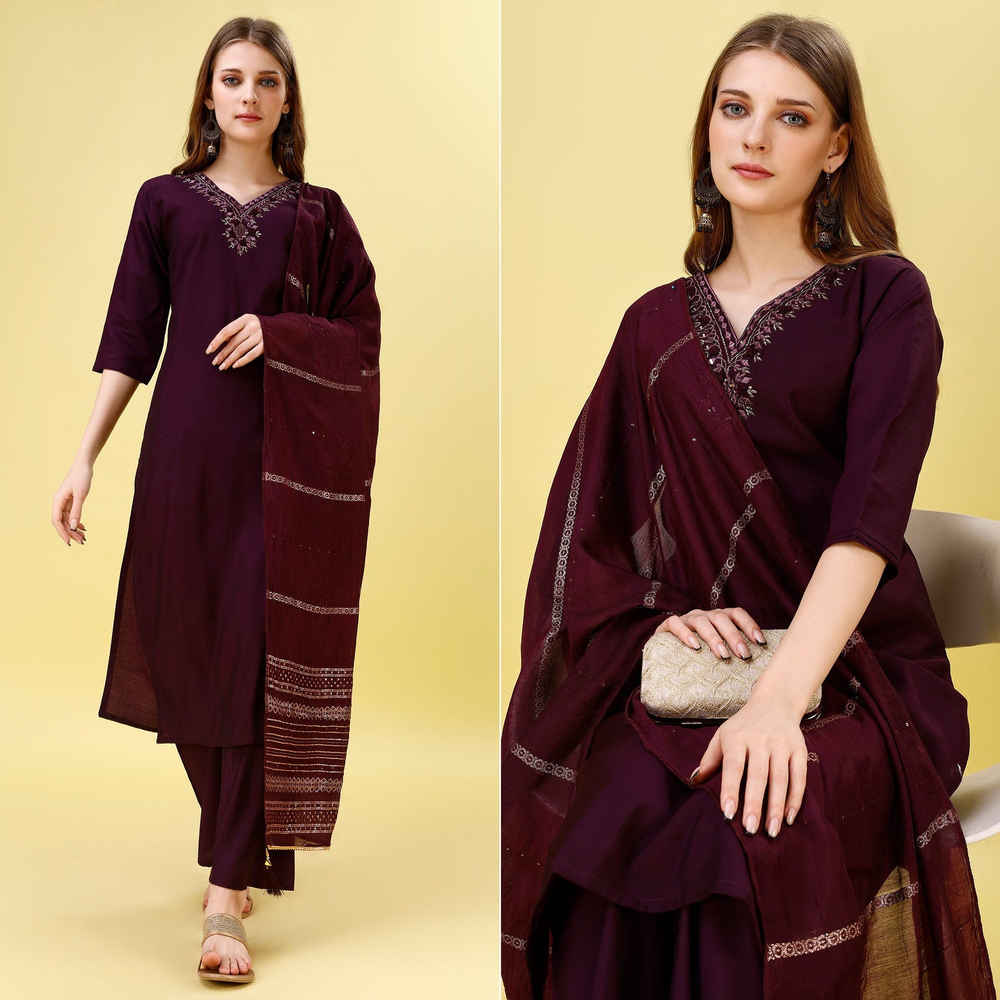 Dark Wine Mirror Embroidered Viscose Salwar Suit