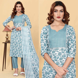 Greyish Blue Floral Printed Cotton Blend Salwar Suit