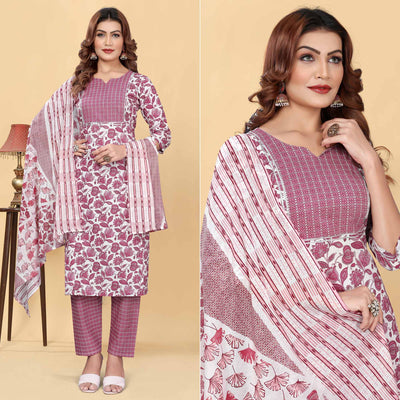 Light Wine Floral Printed Cotton Blend Salwar Suit
