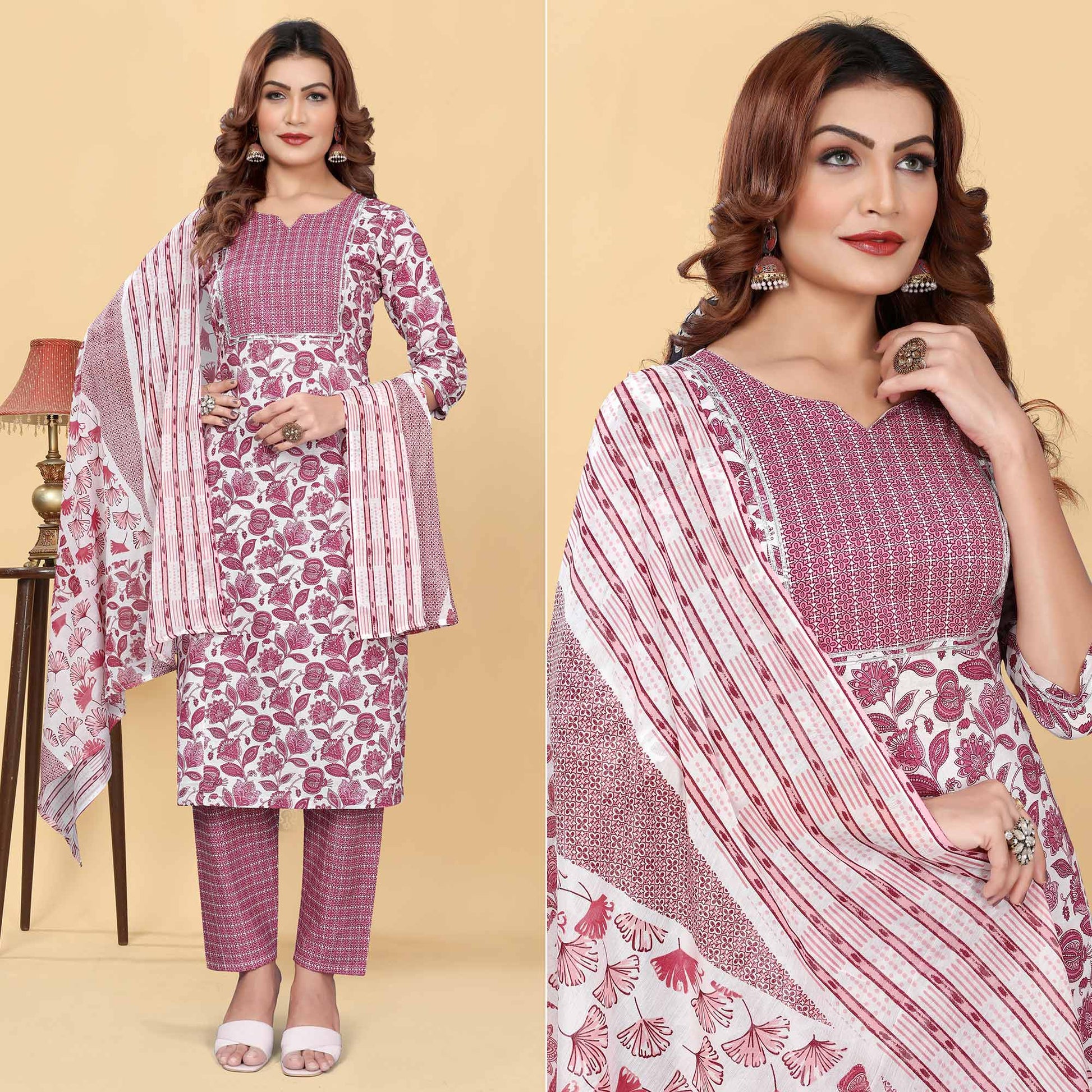 Light Wine Floral Printed Cotton Blend Salwar Suit