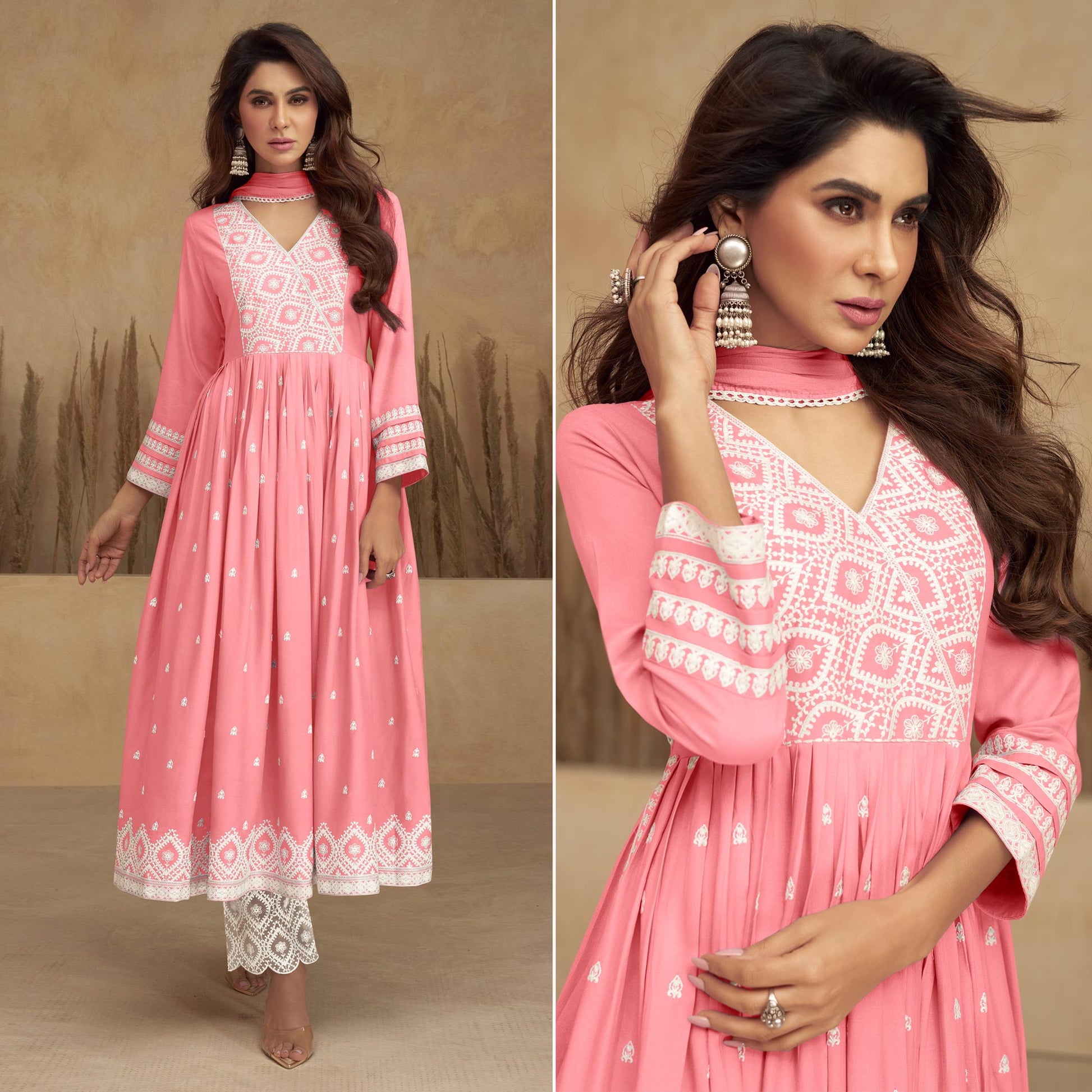 Light Pink Lucknowi Embroidered Rayon Naira Cut Suit
