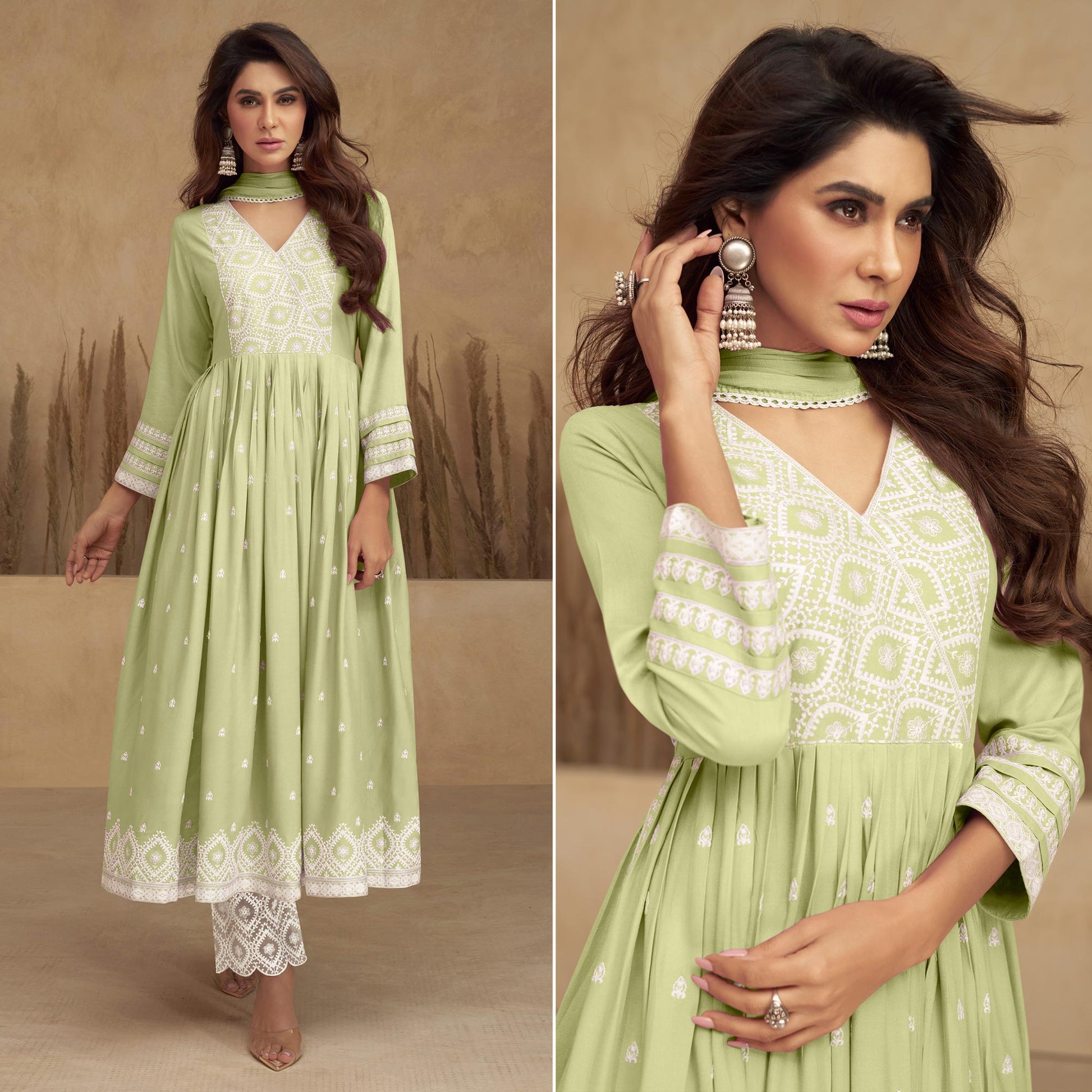 green-lucknowi-embroidered-rayon-naira-cut-suit