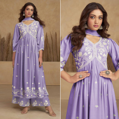 Light Purple Lucknowi Embroidered Rayon Alia Cut Suit