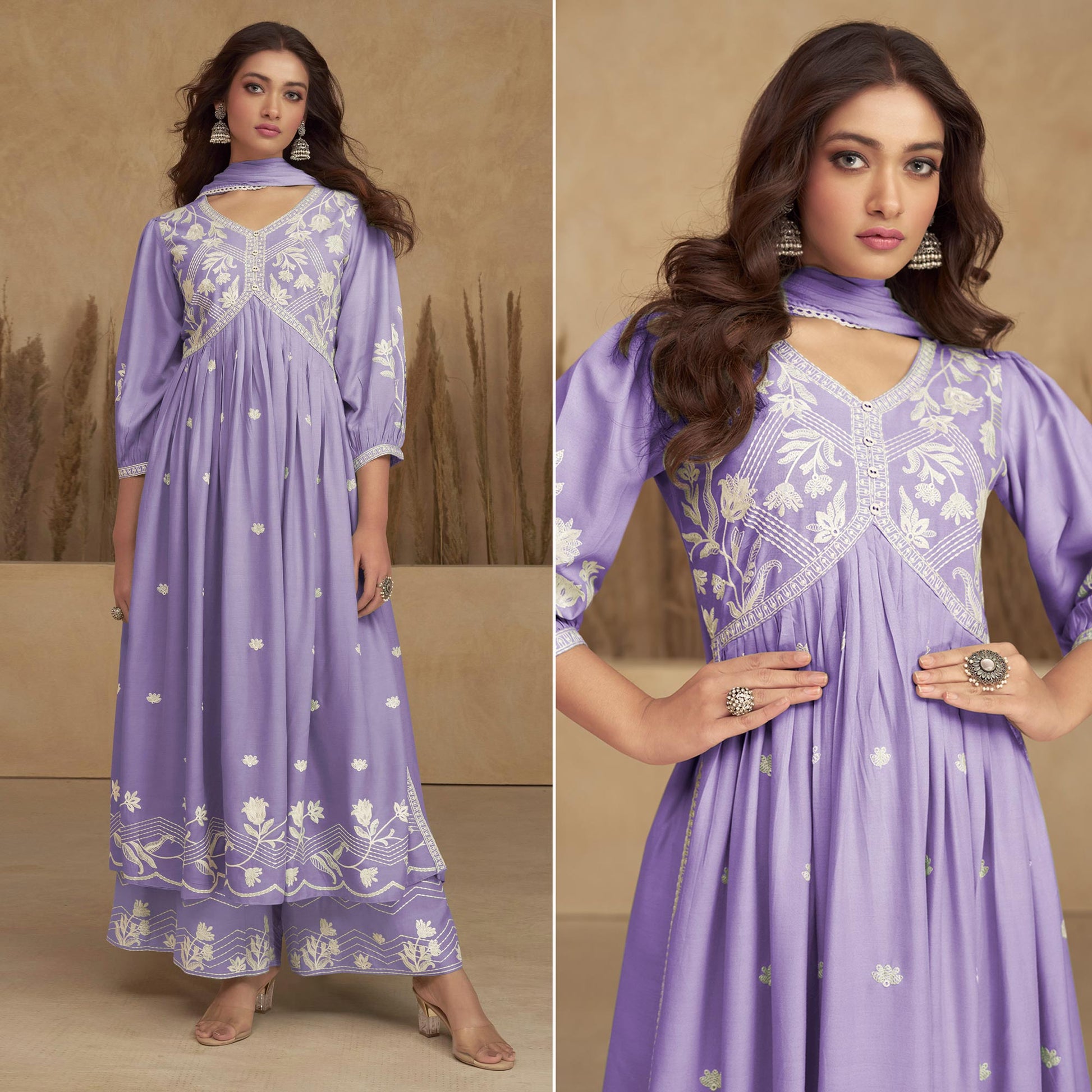 Light Purple Lucknowi Embroidered Rayon Alia Cut Suit