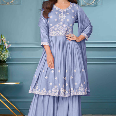 Lavender Floral Embroidered Rayon Palazzo Suit