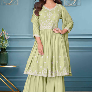 Light Green Floral Embroidered Rayon Palazzo Suit