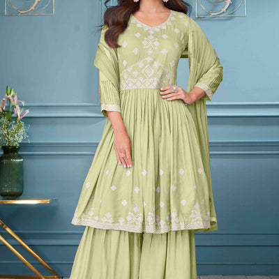 Light Green Floral Embroidered Rayon Palazzo Suit