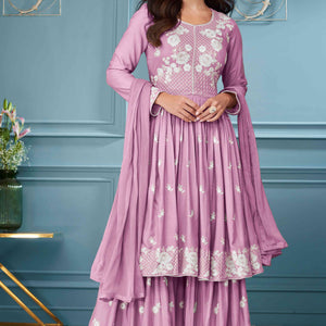 Dusty Pink Lucknowi Embroidered Rayon Palazzo Suit